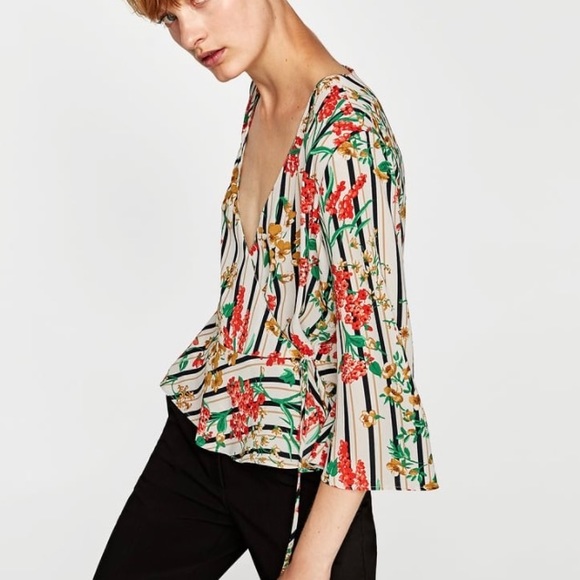 NWT Zara Floral Striped Crossed-Front Blouse - Picture 2 of 8